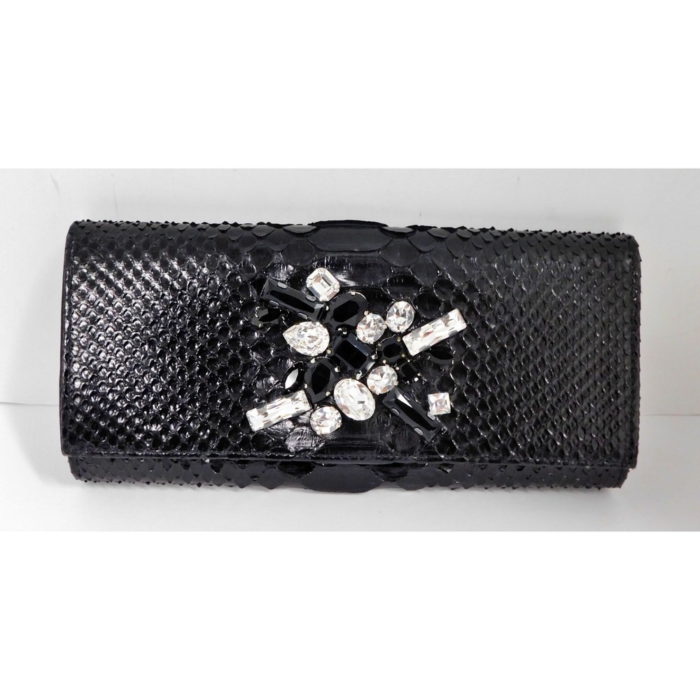 Ted Rossi New York Black Snake Skin Leather‎ & Rhinestones Clutch